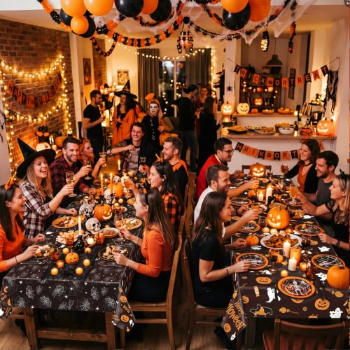 Halloween Tablecloth Set - 6 Disposable Plastic Table Covers with Pumpkin & Ghost Design - Black and Orange