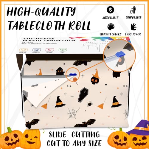Halloween Beige Plastic Table Cover Roll - 54 x 300 Feet with Slide Cutter - Ghost Bat Pattern, Disposable Party Tablecloth (Variation of THIS listing: 3600" x 54")