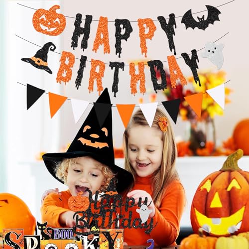 Halloween Birthday Banner with Pumpkin Ghost & Bat Glitter Decorations
