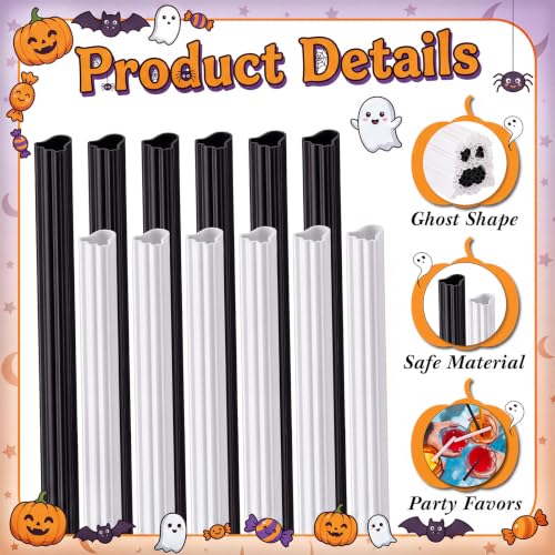 Halloween Ghost Shaped Plastic Drinking Straws - White & Black, 50 Pack