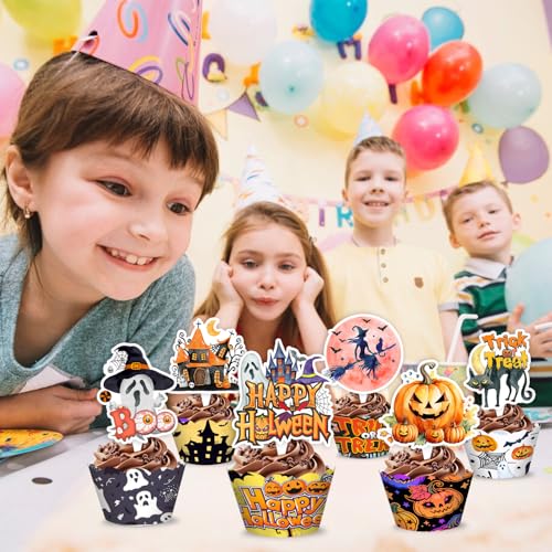 Halloween Cupcake Toppers and Wrappers Set - 48 Pcs Spooky Party Decorations