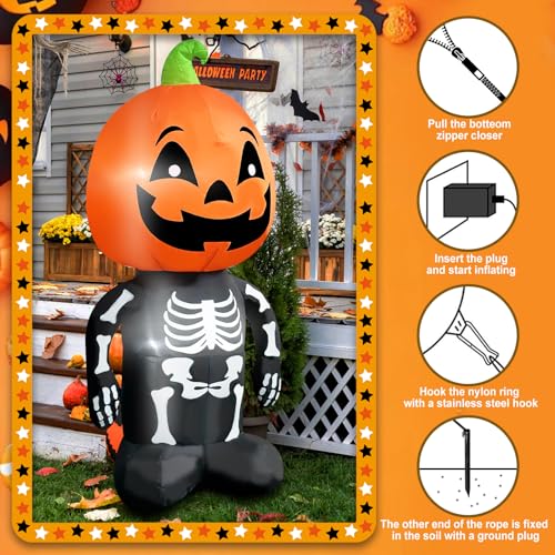 4FT Inflatable Skeleton with Pumpkin Head Lighted Halloween Decoration for Yard Porch Garden
