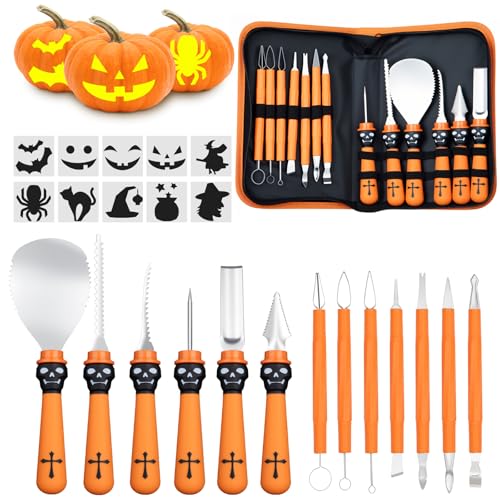 13-Piece Halloween Pumpkin Carving Kit with Stencils - Heavy Duty Stainless Steel Tools