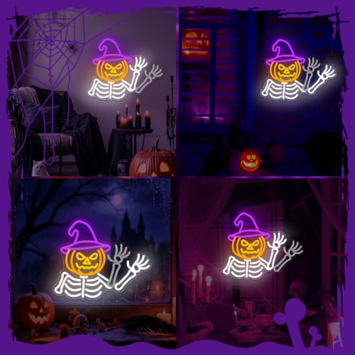Waving Pumpkin Skeleton Neon Sign for Halloween Wall Decor USB Dimmable LED Light