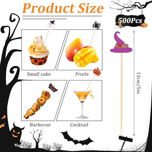 Halloween 500Pcs Cocktail Picks - Glitter Ghost Pumpkin Witch Hat Spider Skewers