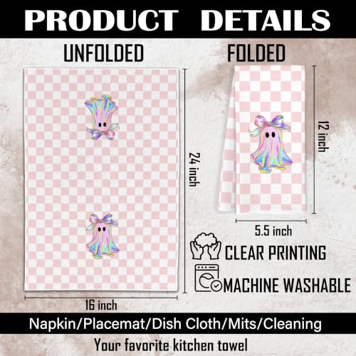 Pastel Pink Halloween Ghost Checkered Kitchen Towels - Fall Decor 005