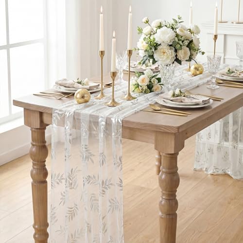 Silver Leaves White Gauze Table Runner 28x120 Inch Holiday Wedding Decor - Variation of 28" x 120" / White Silver