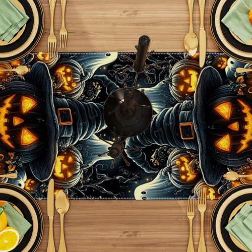 Ghost Pumpkin Halloween Table Runner 13x72 Inches for Autumn Decor - FARMNALL