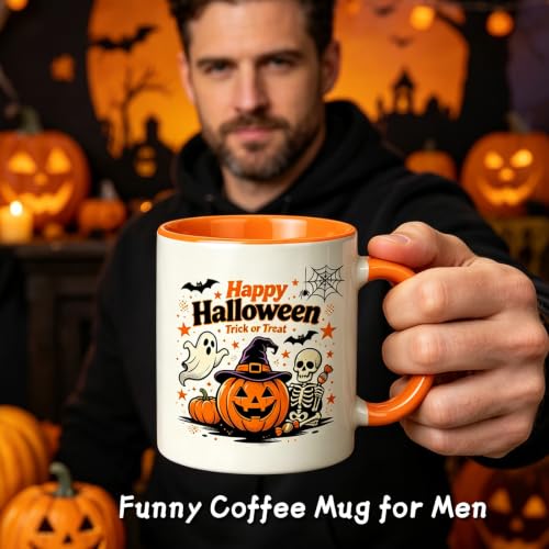 Halloween Trick or Treat Pumpkin Ghost Skull Mug - 11oz Orange Handle & Interior