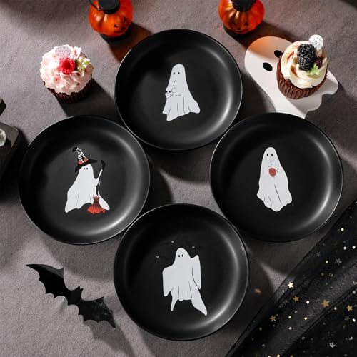 Halloween Ghost Ceramic Plates - Set of 4 Matte Black Decorative Dinnerware