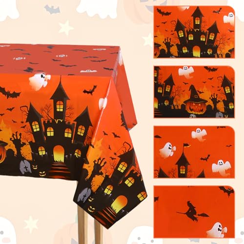 Halloween Tablecloth Set - 4 Pack Rectangle Pumpkin Bat 54x108 Inches Orange Halloween Decor