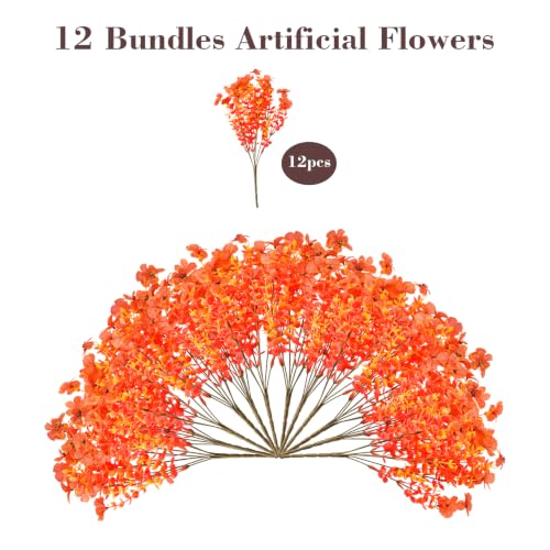 Artificial Fall Flowers for Outdoors - Faux Mums, UV Resistant, 12 Bundles - Orange
