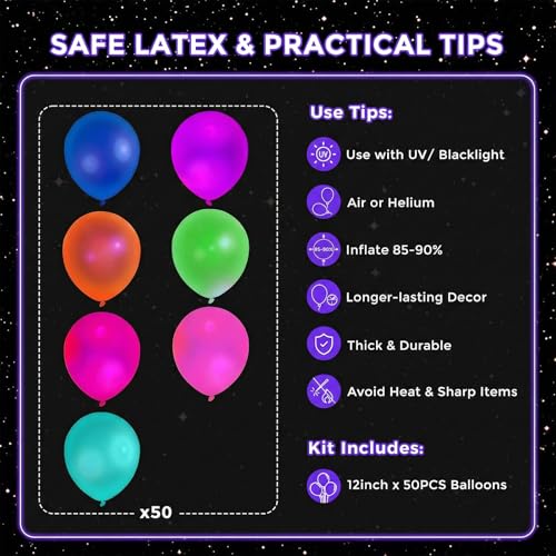 Neon Glow Balloons Set - 50pcs 12 Inch Fluorescent UV Party Decorations - Medium Variation