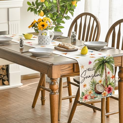 Summer Table Runner 13x60 Inch Coconut Tree Flowers Starfish Beach Decor - Beige