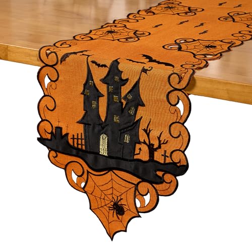 Halloween Table Runner 13x69 Inch Embroidered Spooky Bats & Spiders Decor