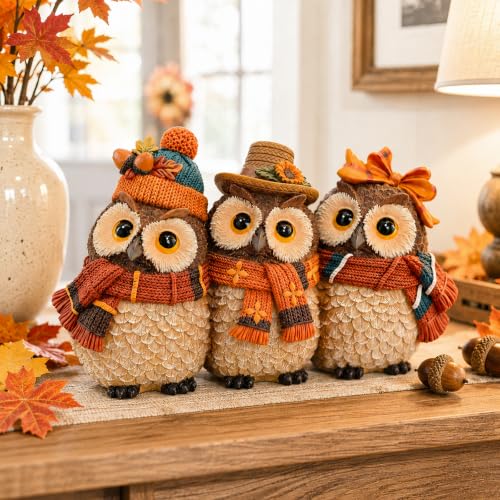 Autumn Owl Figurines Set - Fall Harvest Decor for Thanksgiving & Halloween