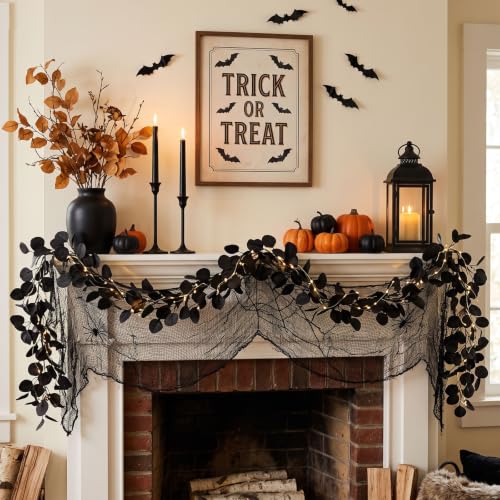Artificial Black Eucalyptus Garland - 2 Pack, 5.91FT Halloween & Wedding Decor, Indoor Outdoor Faux Vines - Leaf Black
