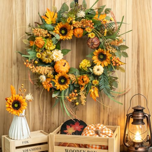 24 Inch Fall Sunflower Wreath - Autumn Door Decor with Pumpkins & Leaves