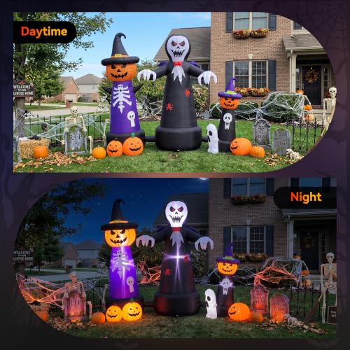 Large Outdoor Halloween Inflatable Decor with LED Lights, Grim Reaper & Pumpkins - 9FT
