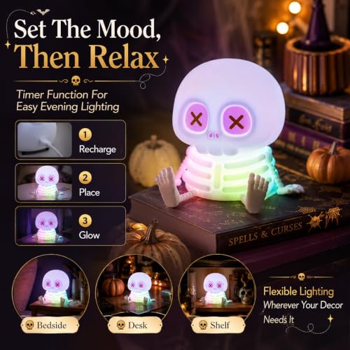 Pink Skeleton Night Light Toy - Rechargeable Silicone Halloween Decor - Warm White Skull Lamp