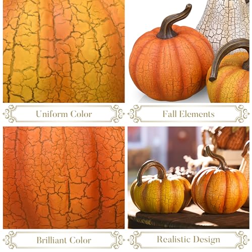Medium Fall Pumpkin Decorations Set - Cracked Resin Pumpkins for Autumn & Thanksgiving Home Decor