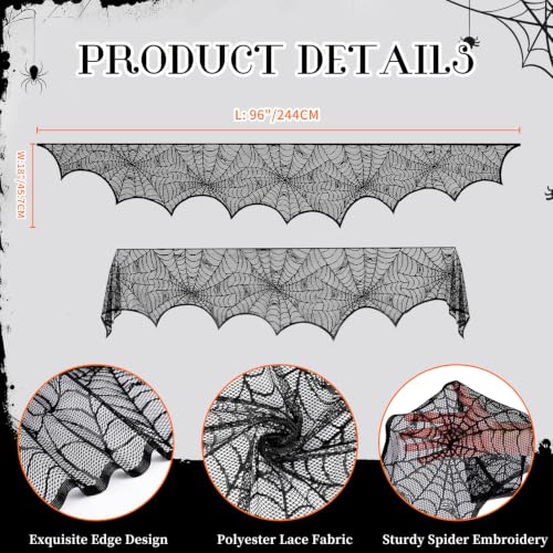 Halloween Black Lace Spiderweb Fireplace Mantle Scarf Cover - 18x96 Inch
