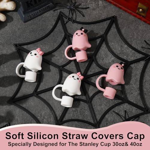 Halloween Ghost Silicone Straw Cover Caps - Pink & White Bow - Style2