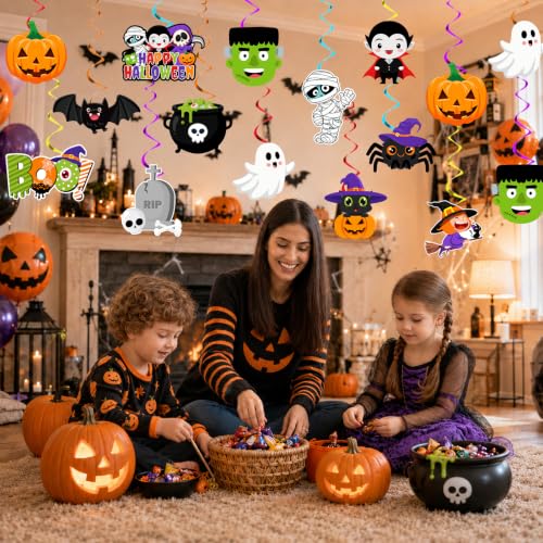 Halloween Hanging Decorations 26 Pack - Ghost, Pumpkin, Bat, Wreath & Spooky Swirls