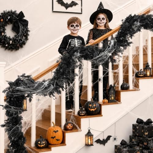 Halloween Garland Decorations - 9FT Pre-lit Black Cedar with Berry & Spider Web - Indoor Outdoor Decor - Variation: Halloween