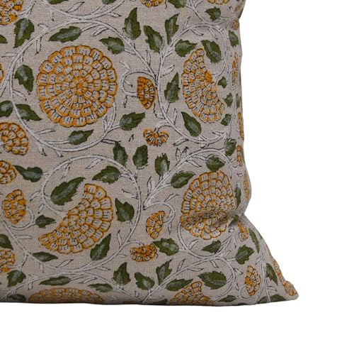 20x14 Inch Handmade Linen Pillow Cover - Yellow Block Print Cushion Case for Sofa & Farmhouse Decor