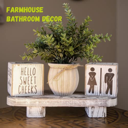 Funny Bathroom Decor Signs Wooden Blocks with Plant & Tray - Rustic Farmhouse Toilet Decor