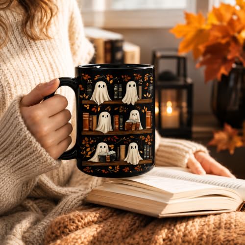 Ghost Reading Book Mug with Keychain - 15oz Black Ceramic Coffee Cup Gift for Book Lovers - Bookish Halloween Gift - Book Ghost Variation