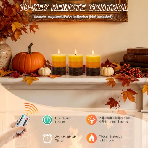 AFINETH Orange Flameless Pillar Candles Set of 3 with Remote - Fall Home Decor