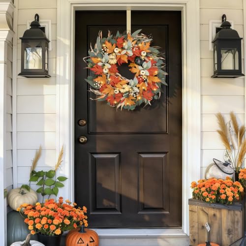 24-Inch Autumn Wreath with Lights and Timer - Fall Front Door Decor