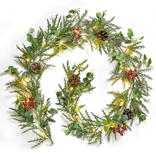 Prelit Christmas Garland with Lights - 6 Feet Norfolk Pine & Eucalyptus - Battery Operated, Variation: Pinus Banksiana / 1 Pack