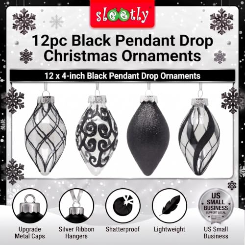 4-Inch Onyx Diamond Finial Assortment - Black Teardrop Christmas Ornaments Set