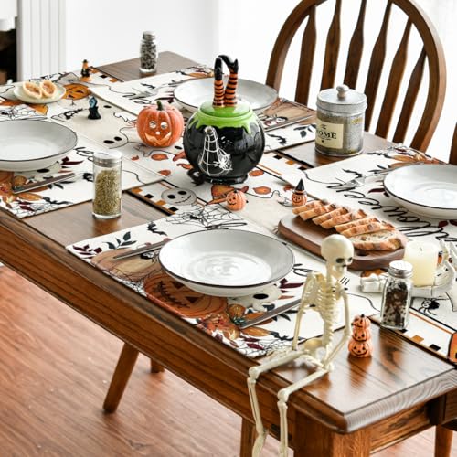 Set of 4 Halloween Spider Web Ghost Placemats 12x18 Inches - Vibrant Decor