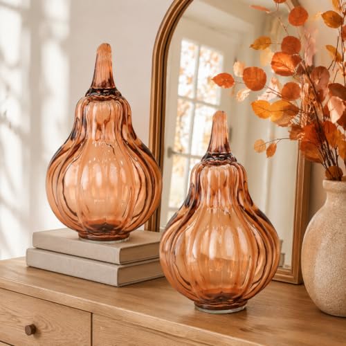 Fall Glass Pumpkin Figurines - Hand Blown 6.7-Inch Autumn Decor Set