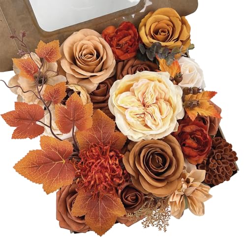 Terracotta Fall Faux Flower Box Set with Burnt Orange & Maple Leaves for Wedding & Home Decor - DIY Arrangements