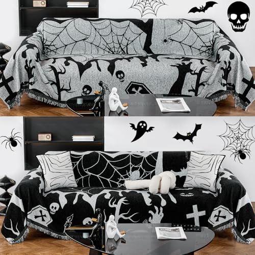 Halloween Sofa Cover with Tassels for 2-3 Cushion Couch - Reversible Chenille Pet & Home Decor - Black / Large (71x102)