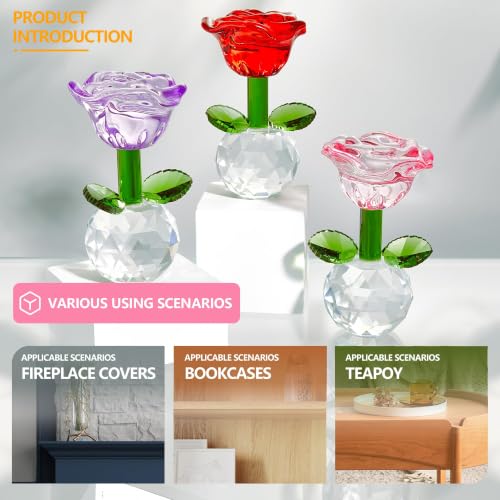 Glass Flower Figurines Set - Colorful Crystal Roses, 6 Pieces, Mix