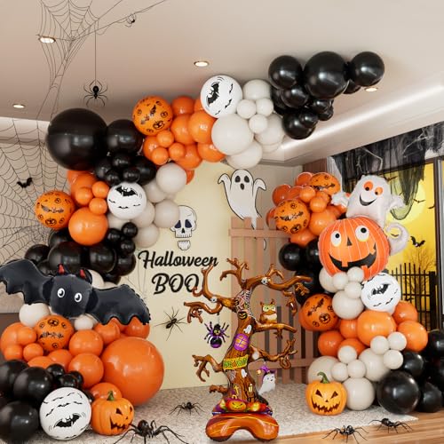 Halloween Balloon Arch Kit with Black, Orange, White Balloons & Foil Decorations
