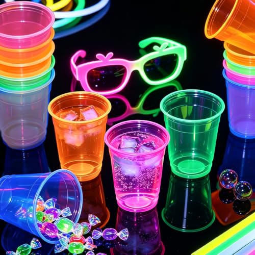 Glow in The Dark Plastic Cups 12oz - Colorful Neon Disposable Party Cups