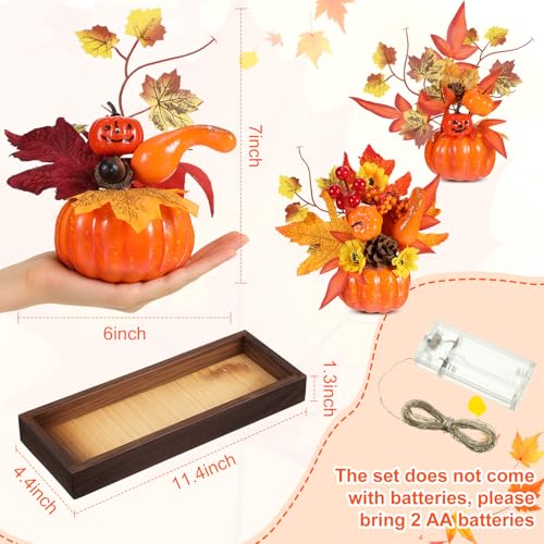 Pumpkin Thanksgiving Centerpiece with Wooden Tray & LED Light - Orange Fall Decor