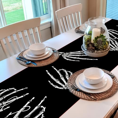 Halloween Skeleton Hand Table Runner 13x72 Inch - Black Decor for Dining