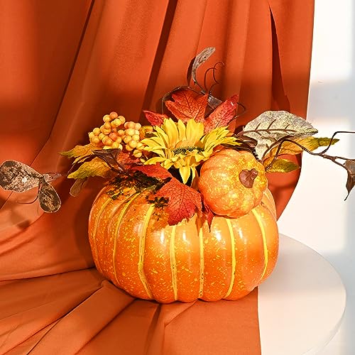 Orange Fall Decor Pumpkin Set - 2 Faux Pumpkins with Lights & Leaves