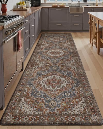 Anti-Fatigue Kitchen Floor Mat 24x87 Inches Cushioned Runner Rug - Rust Red & Blue