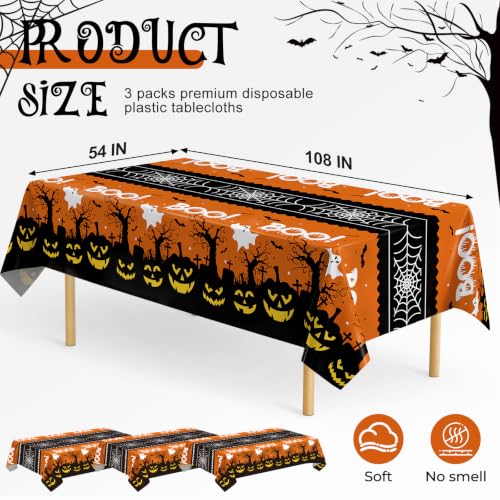 Pumpkin Ghost Boo Halloween Tablecloth 3 Pack 54x108 Inch Leakproof Plastic Covers