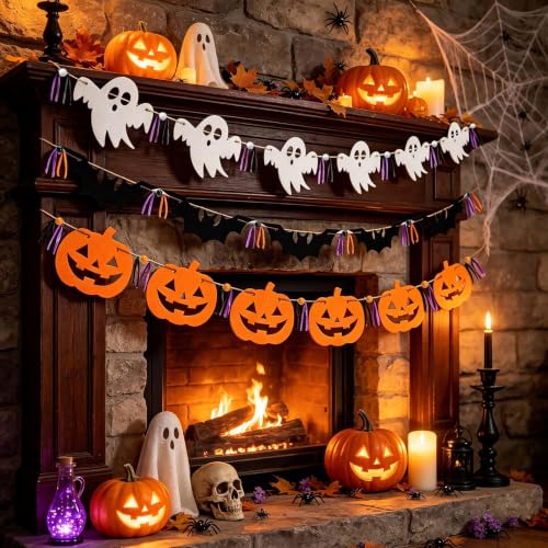 Halloween Felt Garland Banner for Mantle Home Art Decor - Ghost Bat Pumpkin #2