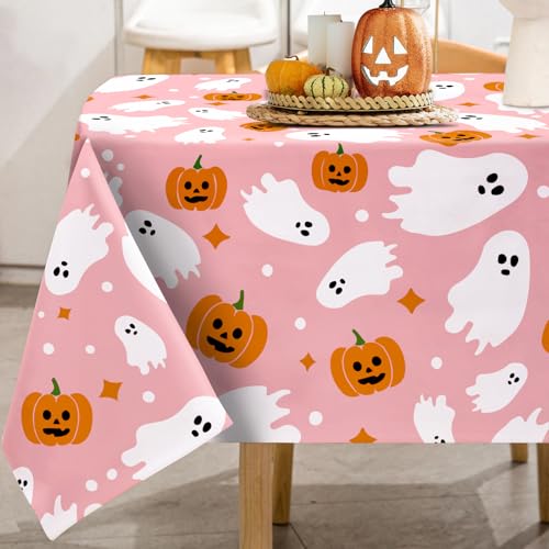 Pink Halloween Tablecloth 60x104 Inch Ghost Pumpkin Decor for Home & Party
